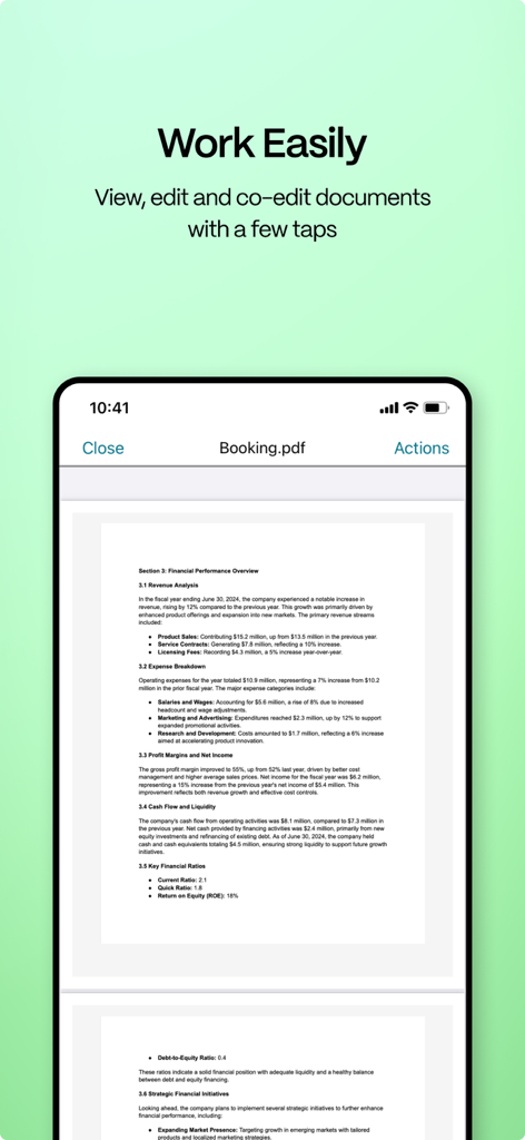 ShareFile-App-Oberfläche auf einem Smartphone, die ein PDF-Dokument zur Ansicht und Bearbeitung anzeigt.