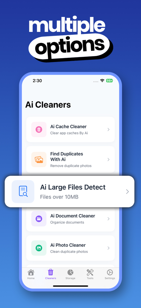 Cleaner - Ai Phone Optimizer - Screenshot of Cleaner Ai Phone Optimizer app showing AI cleaning options for cache duplicates and large files