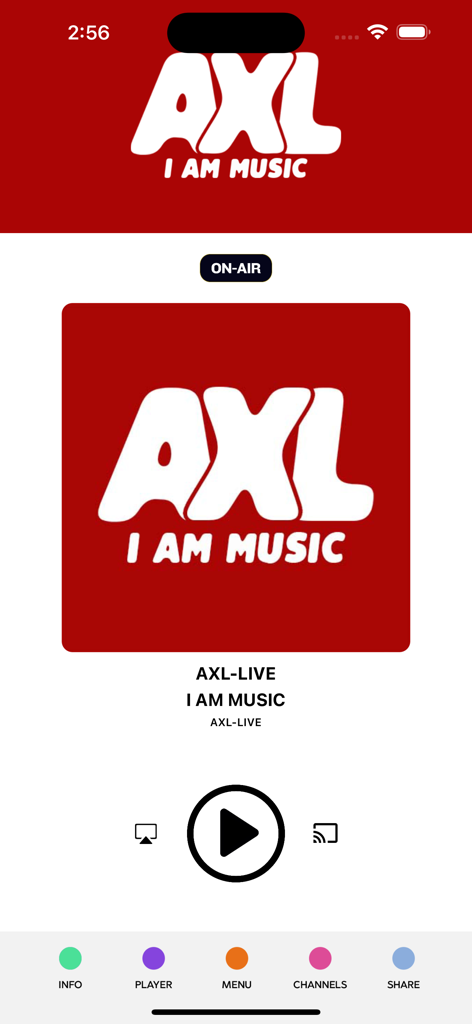 AXL - Interface du lecteur AXL musique en direct montrant le bouton de lecture et le statut en direct