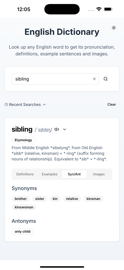 AI-Powered English Dictionary - AI-Powered English Dictionary interface showing etymology and synonyms for the word sibling.