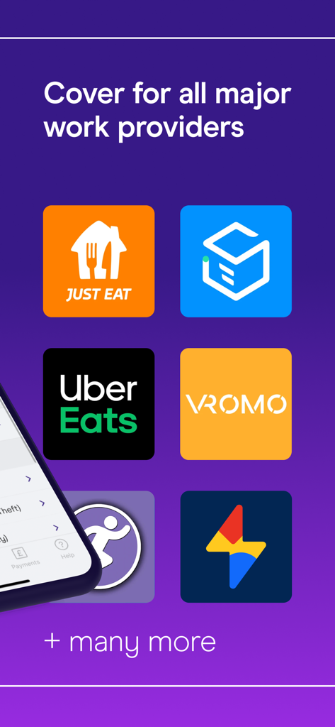 Zego Delivery insurance app screen showing compatibility with major delivery platforms like Uber Eats and Just Eat