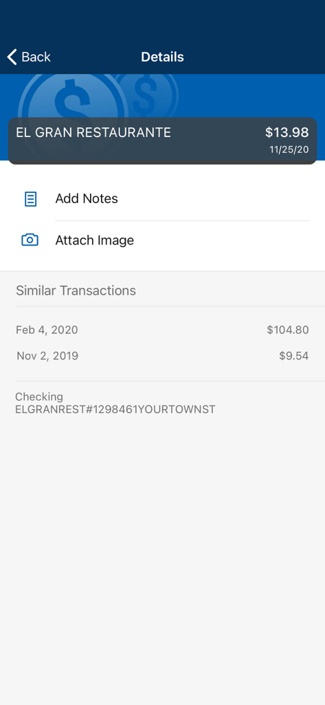 Uma tela de detalhes de transação no aplicativo First Security Bank Bozeman mostrando um pagamento de restaurante de $13.98 com opções para adicionar notas ou anexar uma imagem.