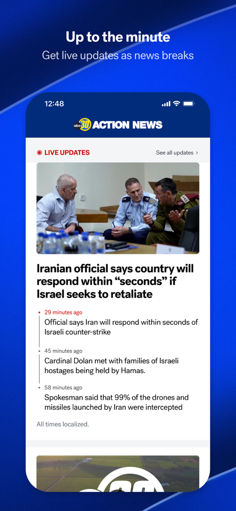 ABC30 Central CA - Aplicación móvil ABC30 Central CA que muestra actualizaciones de noticias de última hora en vivo en un iPhone