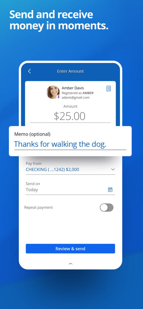 Chase Mobile app screen showing a Zelle money transfer for twenty-five dollars with a personal memo
