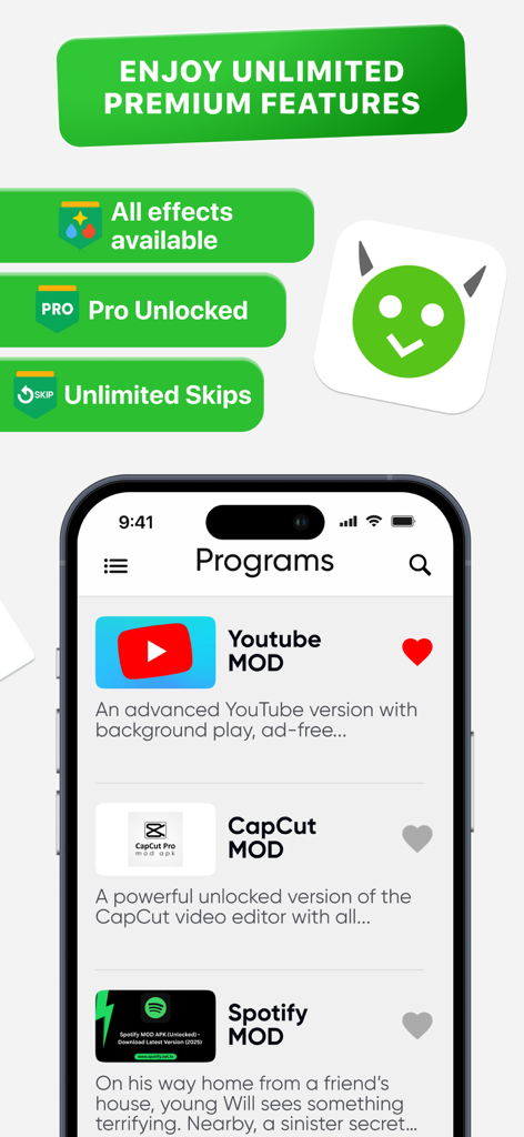 Happi Mod : Top Working Mods - Happi Mod app interface showing a list of modified apps with premium features unlocked like YouTube and Spotify
