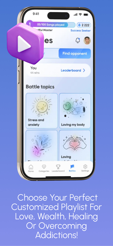 Manifest AI: Bye Broke Brain - Manifest AI app interface showing battle topics for personalized playlists including stress and body image