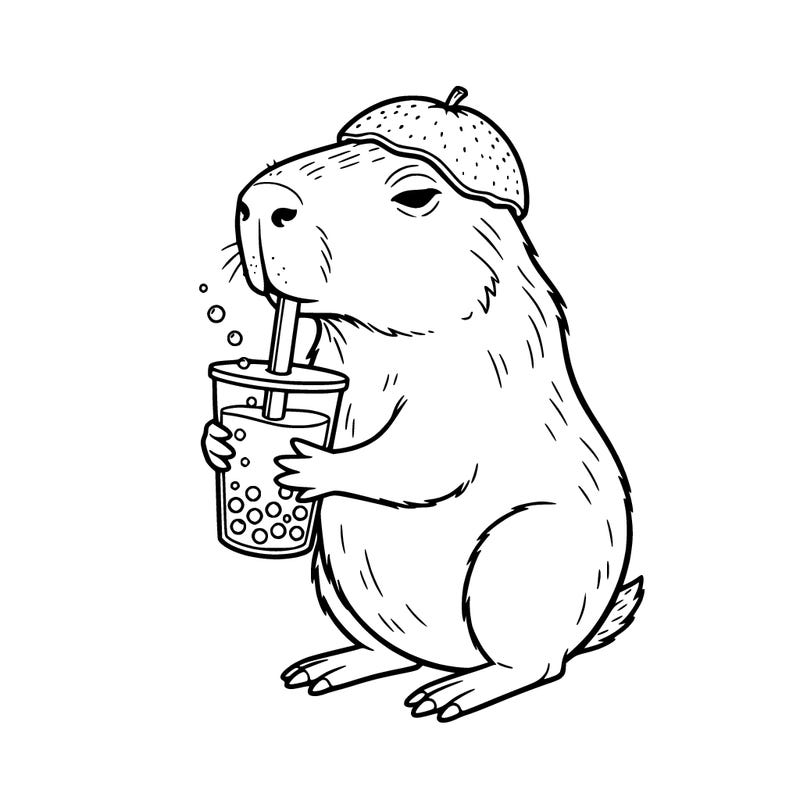 a capybar in an orange on his head, drinking bubble tea