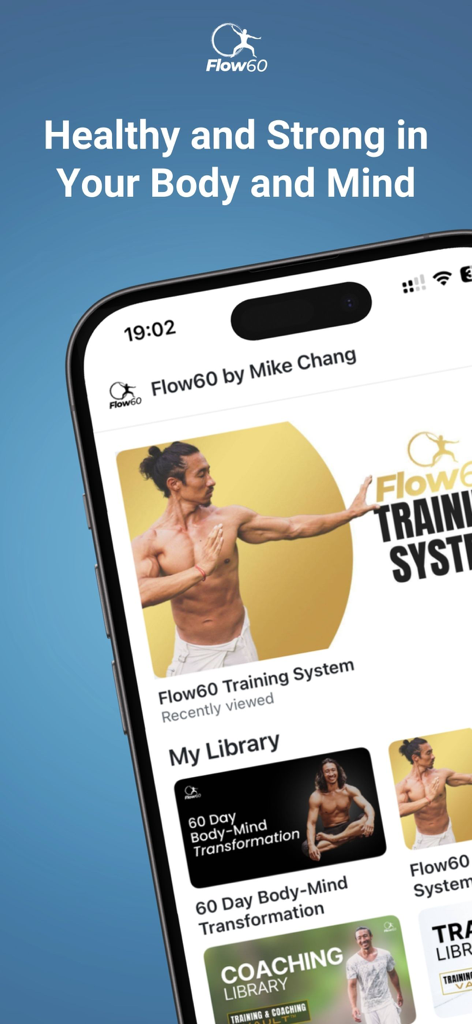 Flow60 by Mike Chang - Smartphone displaying the Flow60 by Mike Chang app with training courses for body and mind