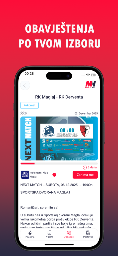 MAGLAJ.NET - MAGLAJ.NET mobile app showing a local handball match announcement for RK Maglaj versus RK Derventa