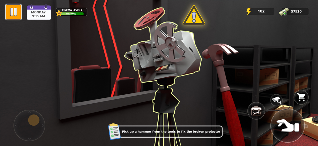 Cinema Movie Theatre Simulator - A gameplay scene showing a player using a hammer to fix a broken movie projector in Cinema Movie Theatre Simulator.