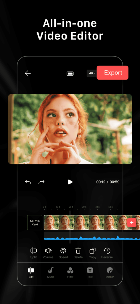 LightCut - AI Video Editor - Interfaccia mobile di LightCut AI Video Editor che mostra strumenti di editing professionali e una timeline multi-traccia con opzioni di esportazione 4K