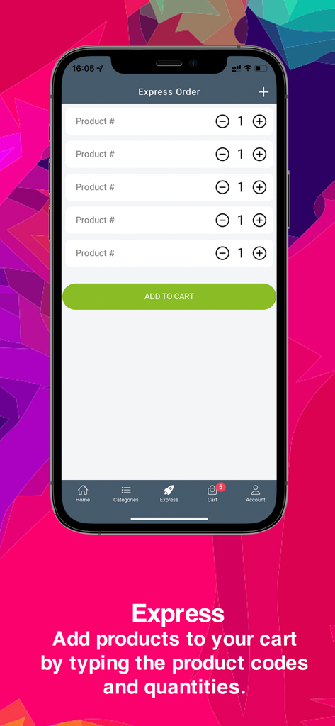 The Express Order screen of the Forever Shop app showing fields to enter product numbers and adjust quantities for quick checkout.