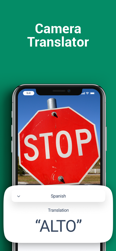 Mobile app screen showing camera translator feature translating a STOP sign into the Spanish word ALTO.