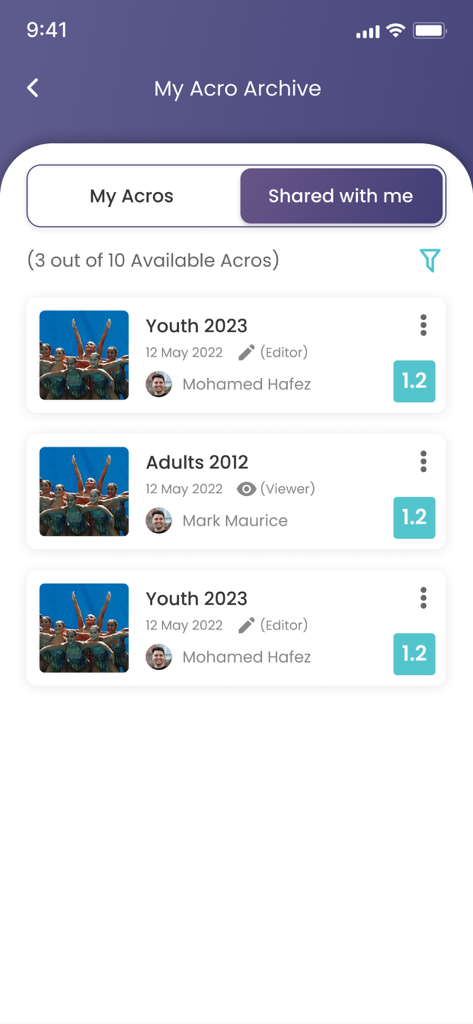 Fishtail App - Mobile screen showing the Acro Archive in the Fishtail App with a list of acrobatic routines shared with the user including youth and adult categories.