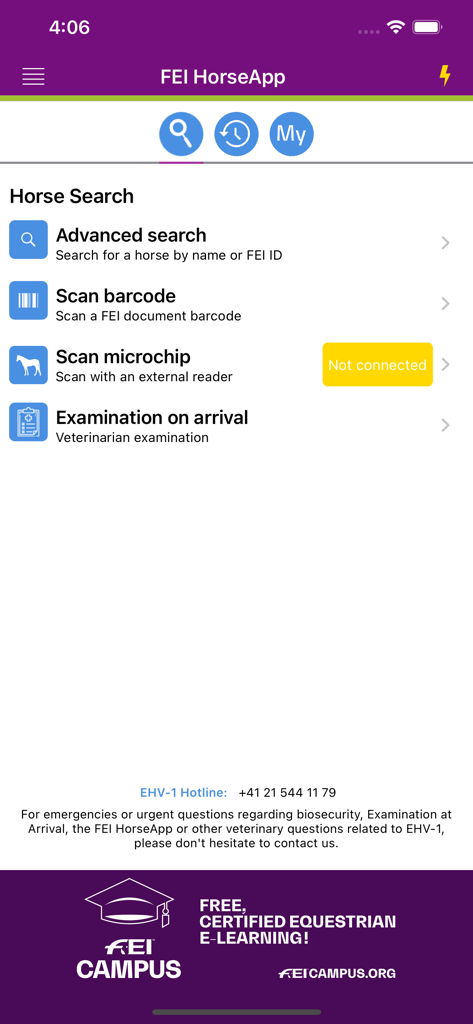 FEI HorseApp - 馬術専門家向けに、バーコードやマイクロチップのスキャンなどの馬の検索オプションを表示するFEI HorseAppのインターフェース