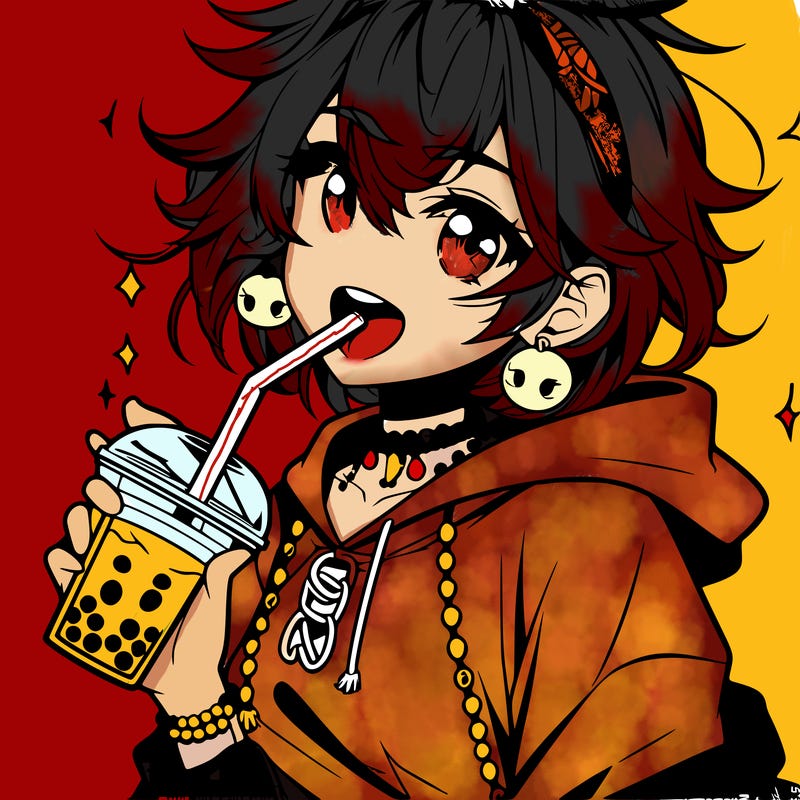 hot baddie anime girl drinking boba and biting the straw