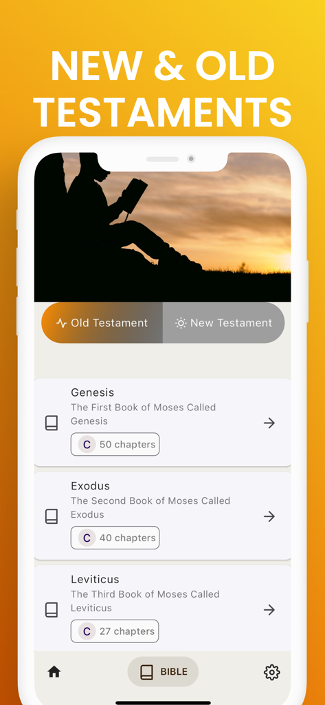 Easy to Read Bible KJV - The Easy to Read Bible KJV mobile app interface showing the selection screen for New and Old Testament books like Genesis and Exodus