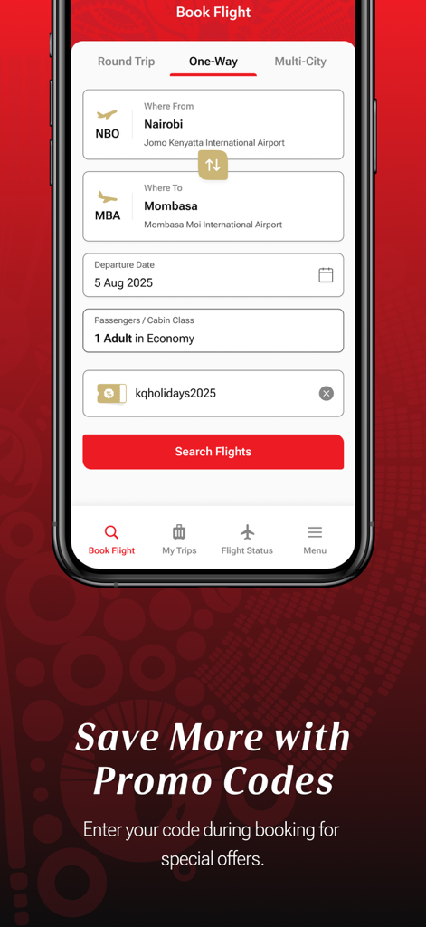 Kenya Airways - ケニア航空モバイルアプリのフライト予約およびプロモーションコード適用インターフェース。
