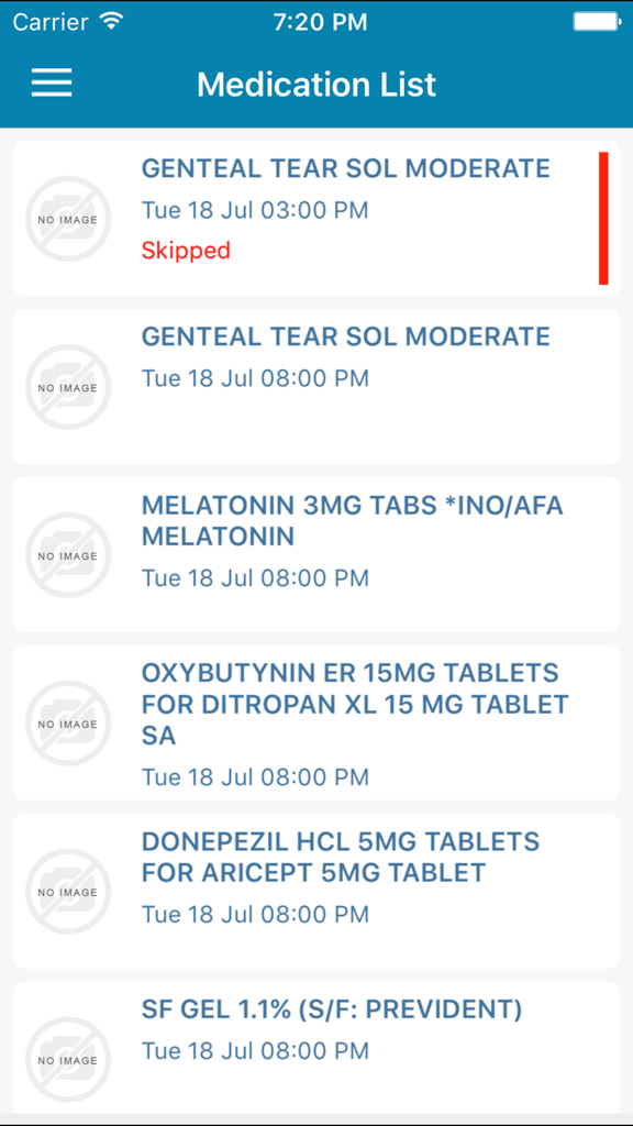 Medication list screen in the CaraSolva Prompt app showing scheduled daily doses and a skipped dose alert