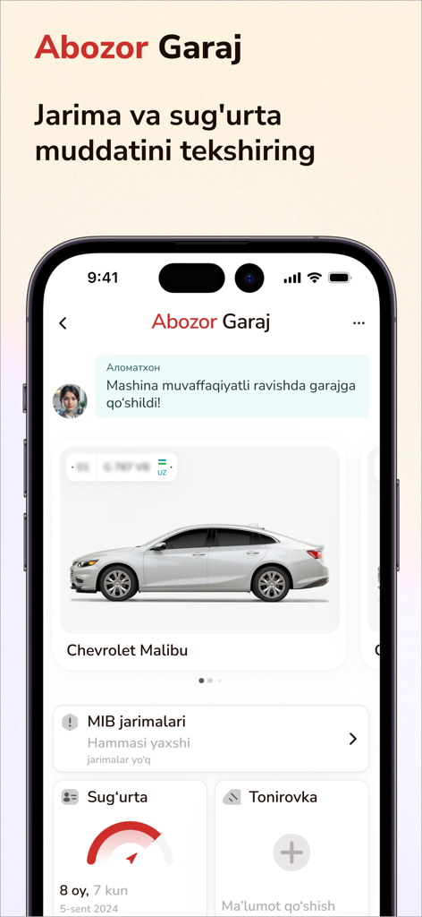 Abozor - Abozorアプリのインターフェース。ガレージ機能を表示し、Chevrolet Malibuと交通違反および保険管理のオプションを示しています。