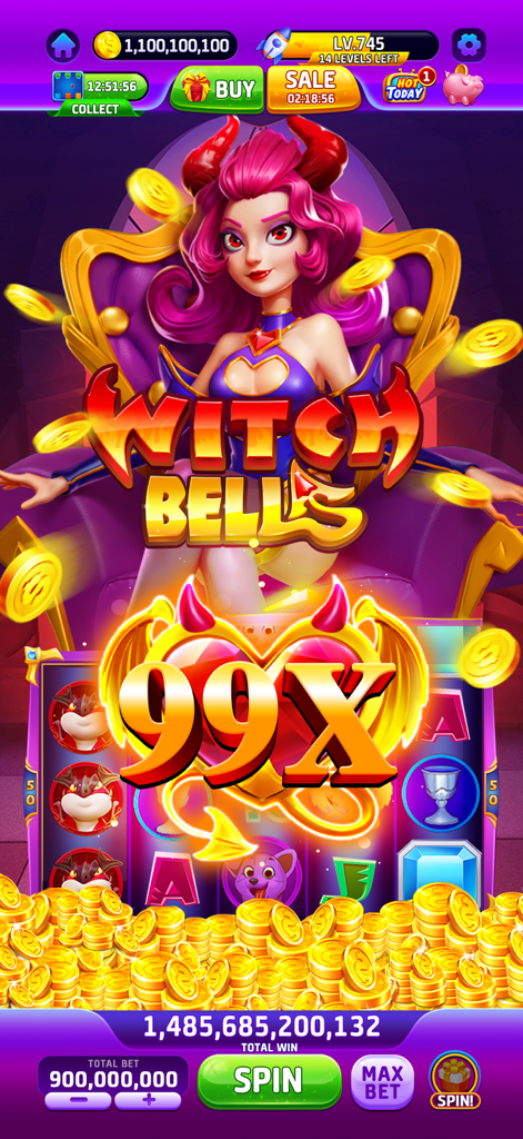 Buffalo Slots™-Casino Jackpots - Función de máquina tragaperras Witch Bells con multiplicador de 99x y enorme bote de monedas