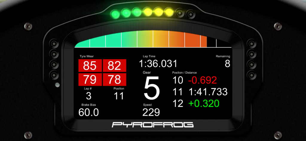 DashPanel - Un dashboard digital de simulación de carreras mostrando datos de telemetría en tiempo real incluyendo velocidad engranada y desgaste de neumáticos