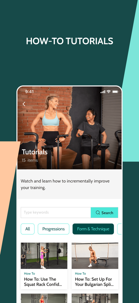 Train With Cass - Train With Cass app screen showing a library of how-to fitness tutorials with video guides for gym equipment and exercise form.