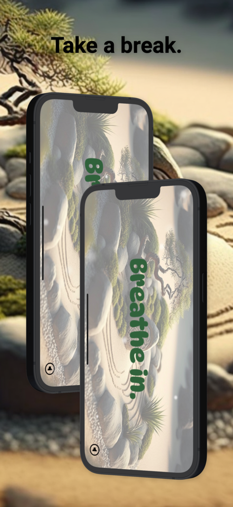 Zen Garden - Aplicación Jardín Zen en iPhone que muestra un tema de jardín japonés y el texto respira hondo