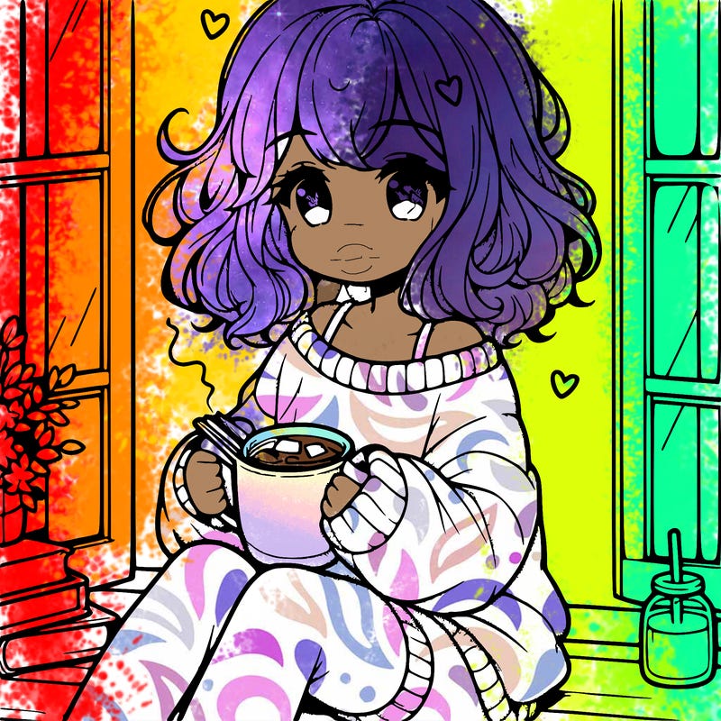 cute anime girl reading book and drinking hot chocolate from mug with loose wavy hair wearing a baggy sweatshirt and shorts sitting by windowsill looking out