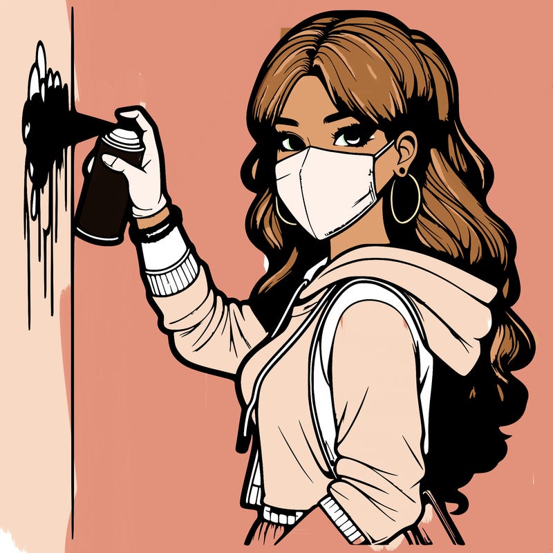 realistic girl with mask spray painting a wall