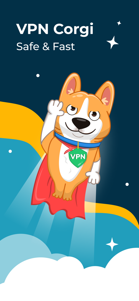 VPN Corgi - Best Proxy Master - A cute superhero corgi mascot flying with a red cape and a VPN shield