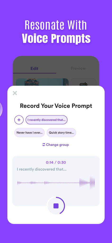 Interface for recording personal voice prompts on the Duet dating app