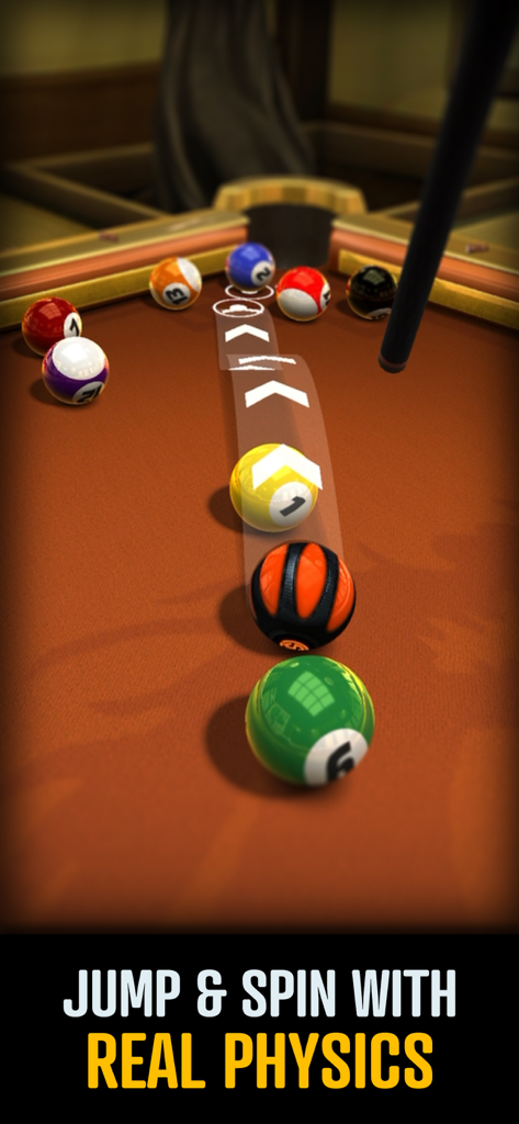 A close up 3D view of a pool table showing a jump shot trajectory with realistic physics and various billiard balls.