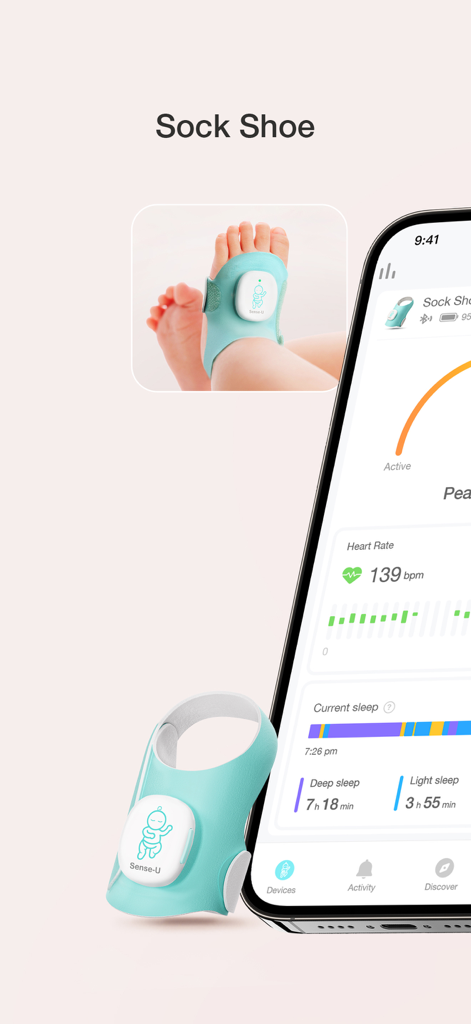 Sense-U Baby - Sense-U Baby Sock Shoe wearable monitor and mobile app interface showing infant heart rate and sleep tracking data