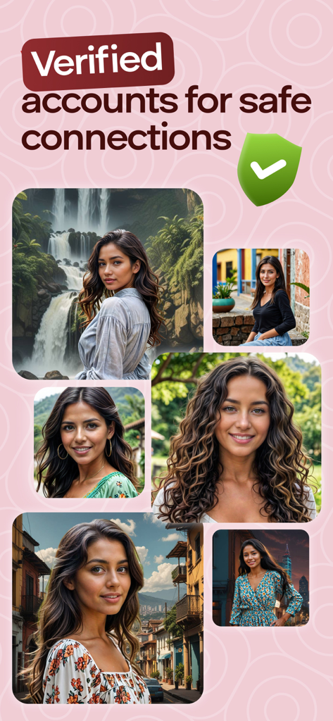Un collage di profili di donne colombiane sorridenti con un badge di account verificato per connessioni di incontri sicure.