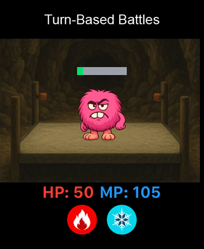 Dungeon Crawler RPG Watch - ピンクのモンスターとエレメンタルスペルアイコンが表示されたターン制バトルのインターフェース。