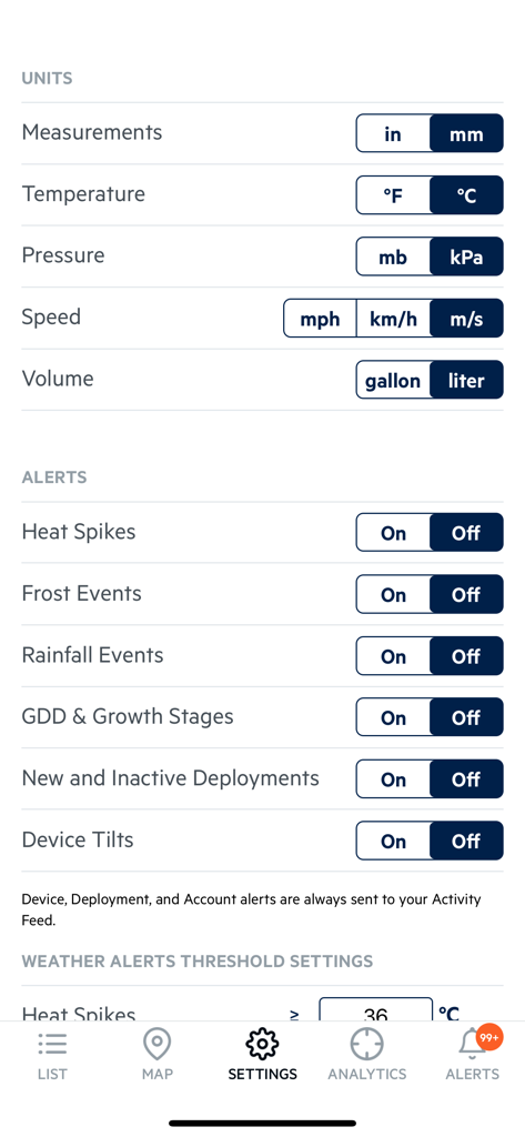 Écran des paramètres de l'application Arable Mobile pour configurer les unités de mesure agricoles et les alertes météorologiques.