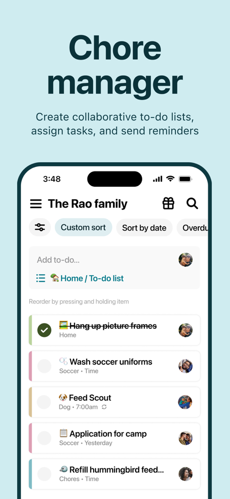 Interface of Maple Family Organizer app showing a shared household chore list and collaborative task management