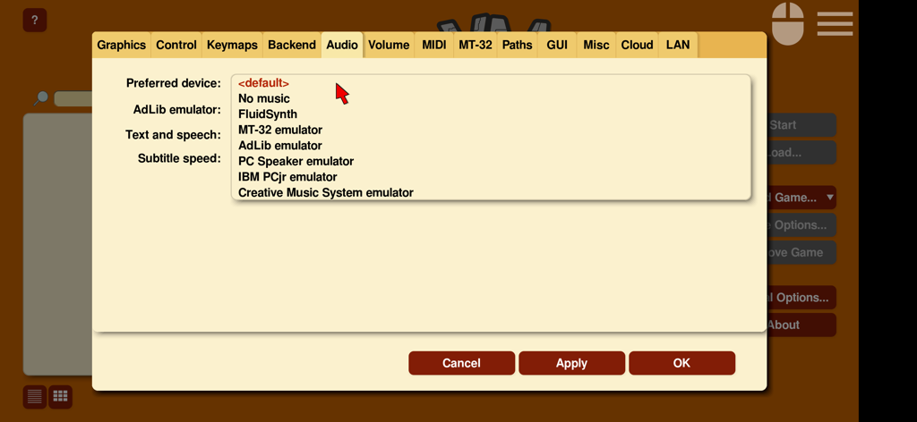 Schermata delle impostazioni audio di ScummVM su iOS che mostra le opzioni dell'emulatore per la musica MT-32 e AdLib