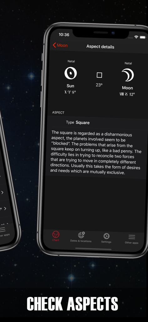 Astro Pro app screen showing technical analysis and description of a square aspect between the sun and moon