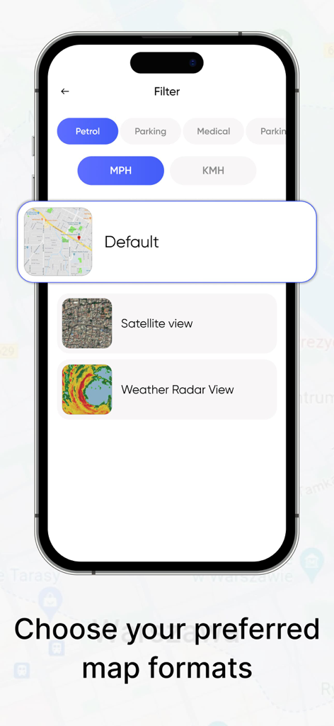 Interface do Navegador de Mapa de Caminhões mostrando opções de formato de mapa como visualizações de satélite e radar meteorológico.