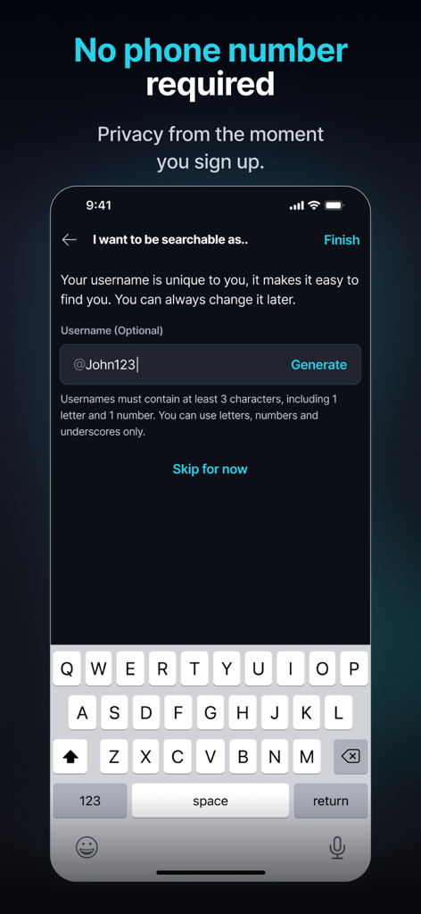 비공개 등록을 위해 전화번호가 필요하지 않음을 강조하는 Keet 앱 등록 화면