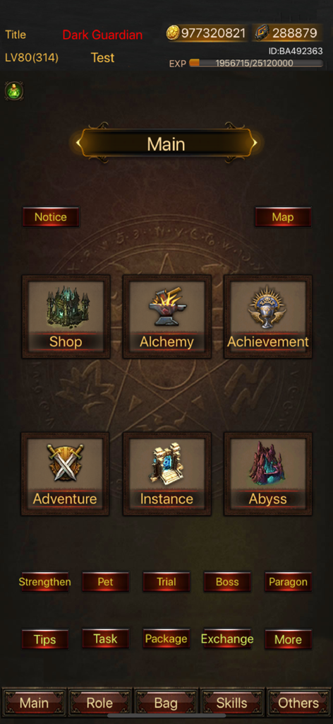 Legend of Darkness - The main menu interface of the Legend of Darkness RPG showing gameplay modes like Adventure Alchemy and Abyss