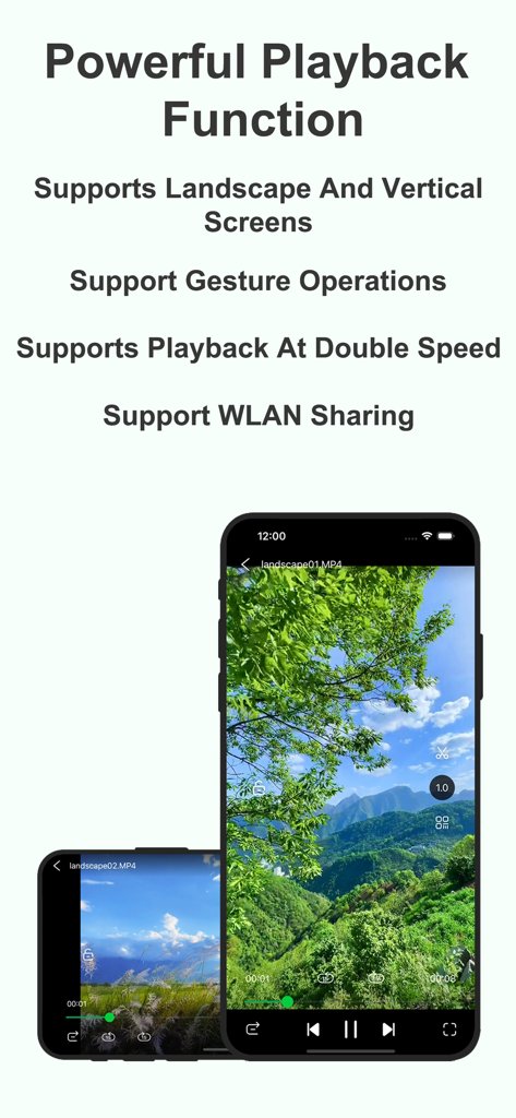 Galaxy Player - Galaxy Player mobile app interface displaying video playback in both landscape and vertical orientations with feature highlights