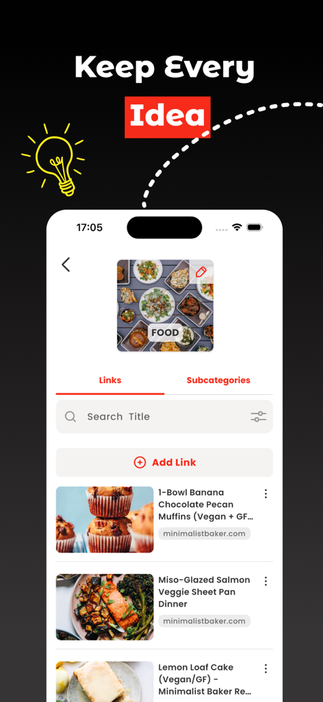 Linki: Save Links & Bookmarks - Linki app interface showing a Food category with a visual list of saved recipe links and thumbnails