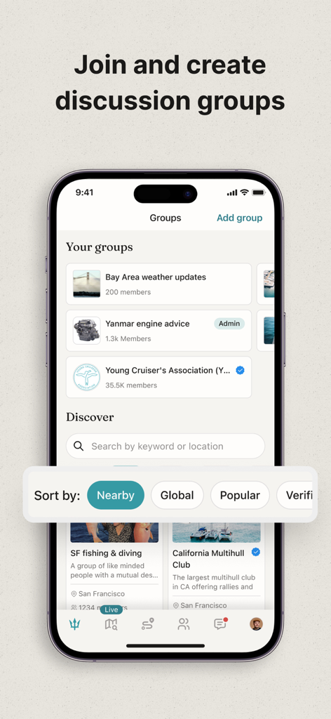 SeaPeople: Boat Travel Map - iPhone screen showing the SeaPeople app discussion groups interface for boaters