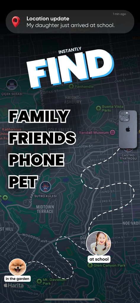 Phone Tracker - Track Location - A mobile app interface displaying a map with real-time location tracking for family, friends, and pets.