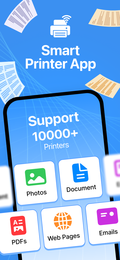 Smart Printer : Instaprint App - Smart Printer App interface displaying support for over 10000 printers and options to print photos, documents, PDFs, web pages, and emails.