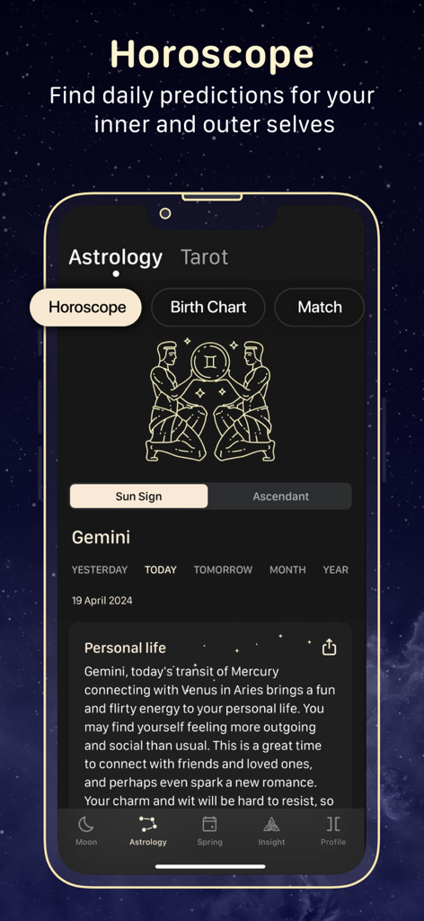 Ein Screenshot der MoonX-App, der ein Tageshoroskop für das Sternzeichen Zwillinge mit Einblicken in das persönliche Leben zeigt.
