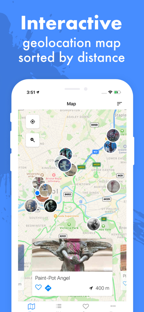 Interactive map showing Banksy street art locations and distances in Bristol
